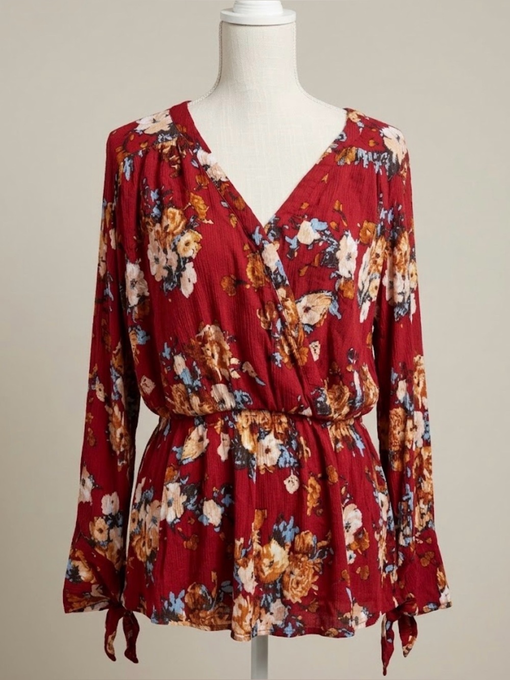 5 for $30 ENTRO Red Floral Textured Crossover Blouse
